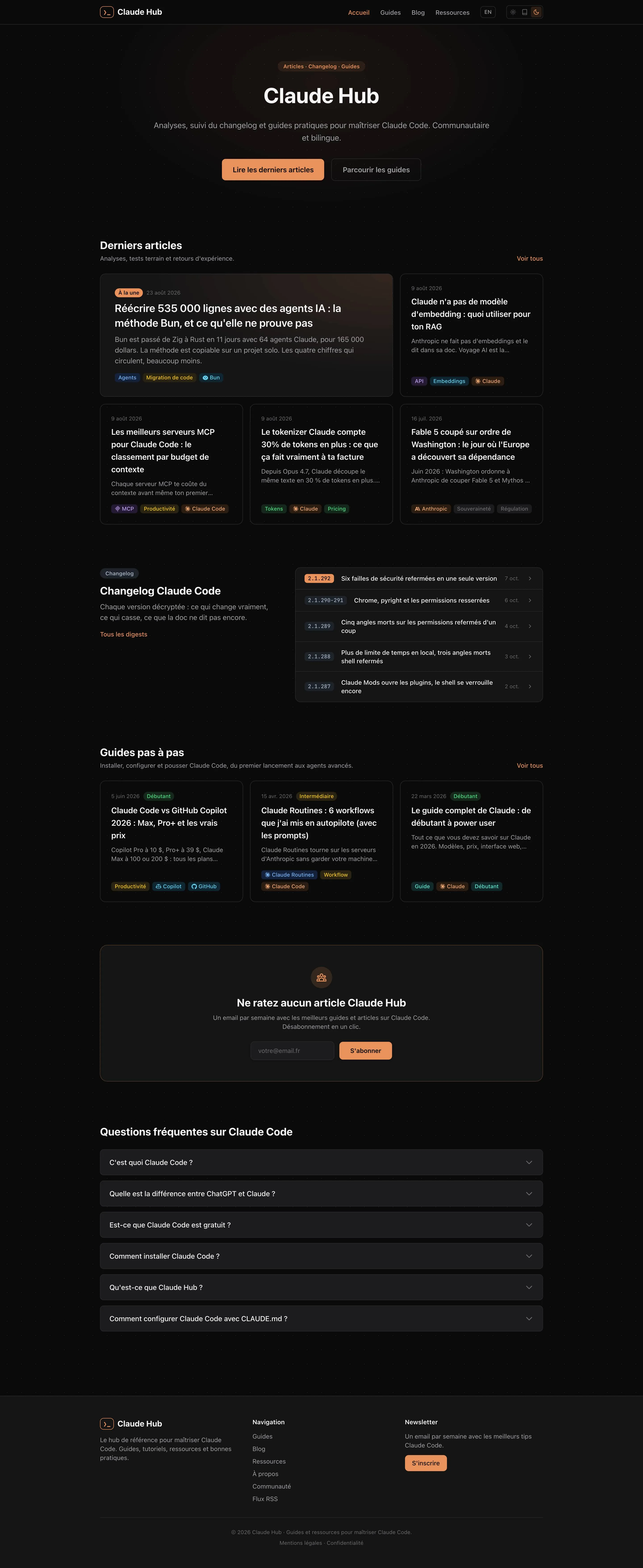 La page d’accueil de Claude Hub en entier : les derniers articles, le suivi des versions de Claude Code et les guides.
